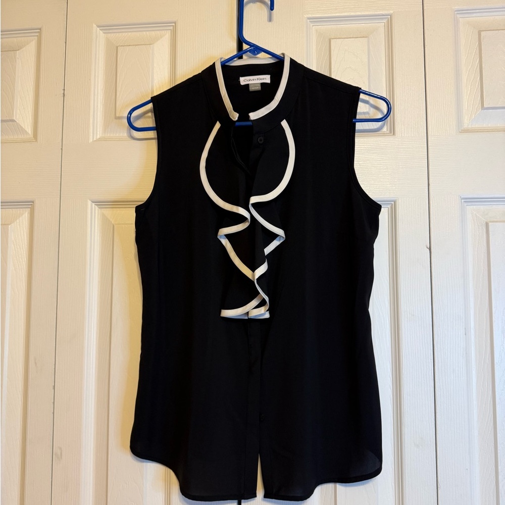 Calvin‎ Klein Black and White Ruffled Bib Collar Blouse